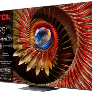 Le téléviseur QD-MiniLED TCL 75C8K 75 pouces affiche un motif abstrait de plumes rouges et dorées sur son écran.