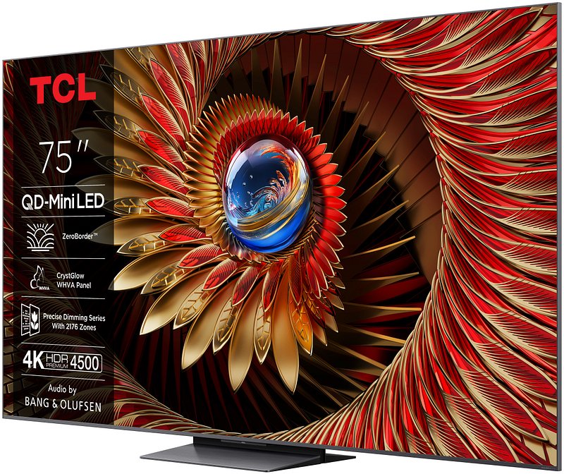 Le téléviseur QD-MiniLED TCL 75C8K 75 pouces affiche un motif abstrait de plumes rouges et dorées sur son écran.