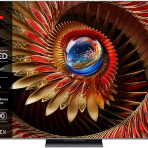 Téléviseur LED QD-Mini TCL 75C8K de 75 pouces présentant un design en spirale abstrait et vibrant sur son écran.
