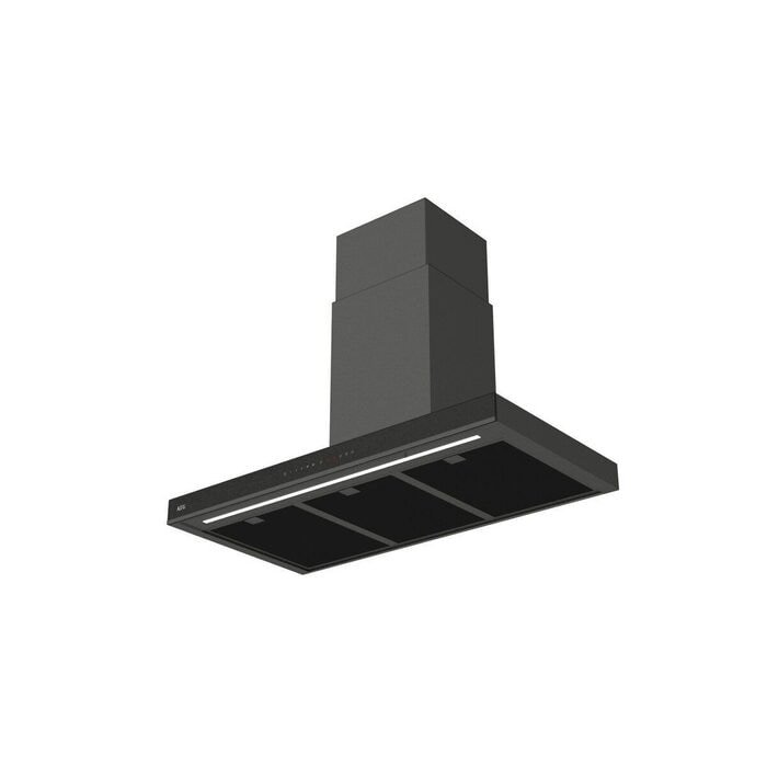 La hotte murale AEG GB87D91CB en noir présente un design de cheminée élégant avec trois filtres efficaces, alliant élégance et hautes performances.