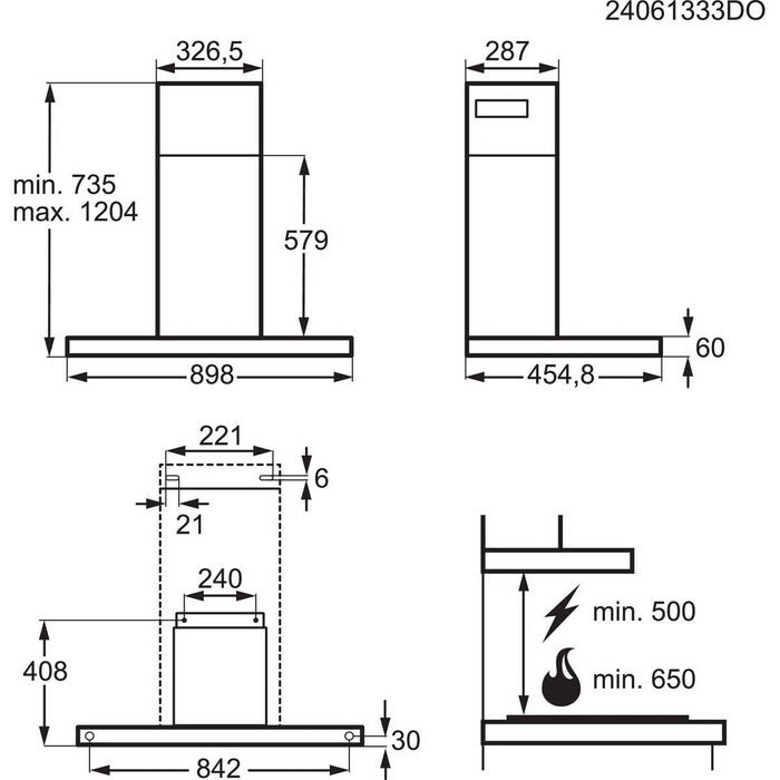 Le plan technique de la hotte de cuisine AEG GB87D91CB comprend des mesures complètes et trois vues différentes.
