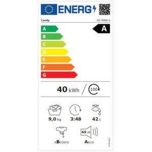 Le CANDY GD49B8-S a un label énergétique européen A, consomme 40 kWh par cycle, gère une charge de 9 kg, fonctionne pendant 3h48, consomme 42 litres d'eau et ne produit que 69 dB de bruit.