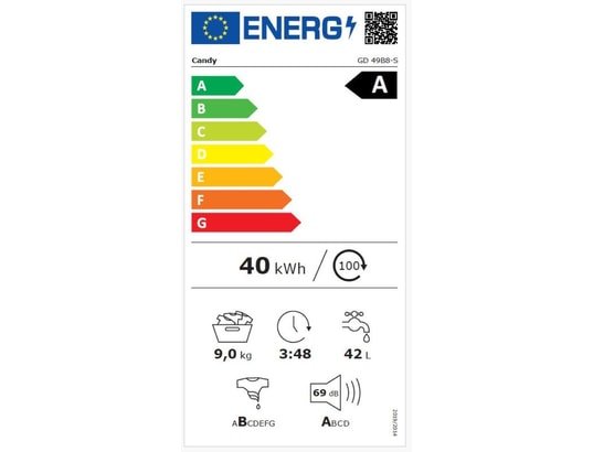 Le CANDY GD49B8-S a un label énergétique européen A, consomme 40 kWh par cycle, gère une charge de 9 kg, fonctionne pendant 3h48, consomme 42 litres d'eau et ne produit que 69 dB de bruit.