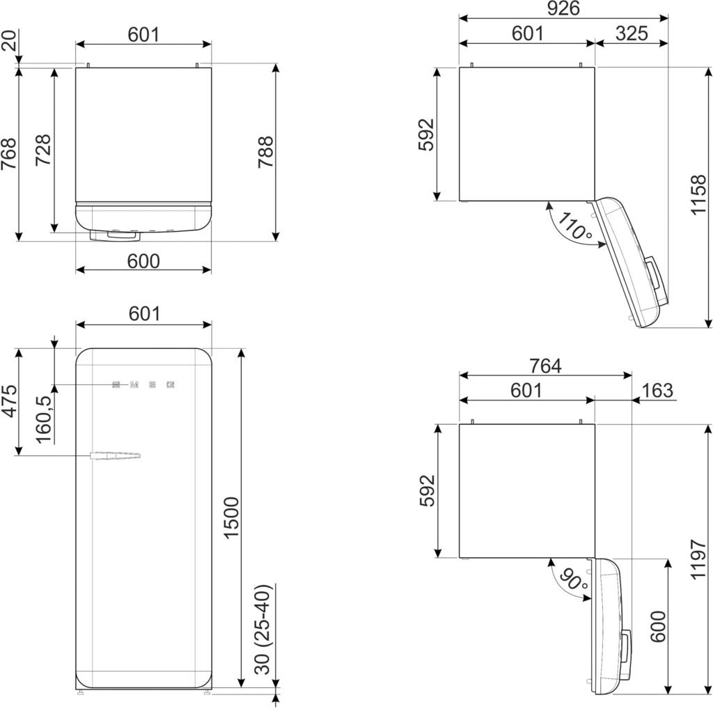 Le dessin technique du SMEG FAB28RRD6 montre les mesures détaillées de l'avant, du côté et du dessus en millimètres.