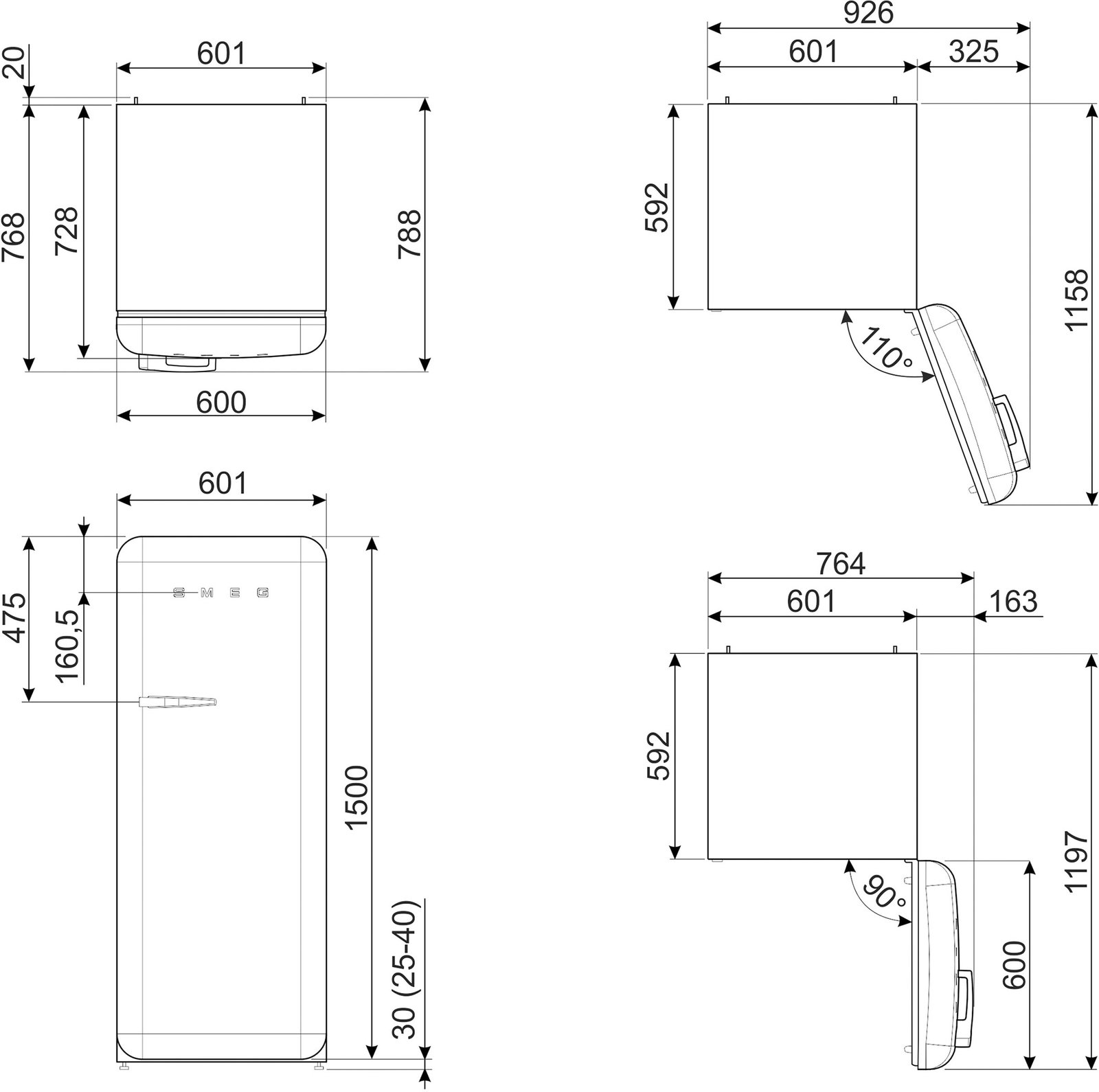 Le dessin technique du SMEG FAB28RRD6 montre les mesures détaillées de l'avant, du côté et du dessus en millimètres.
