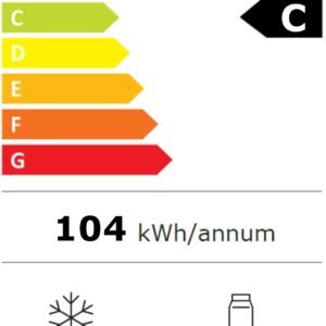 Le SMEG FAB28RRD6 a une cote énergétique européenne de C, consomme 104 kWh/an, offre une capacité de congélateur de 26 L et de réfrigérateur de 244 L et fonctionne silencieusement à 35 dB.