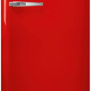 Le SMEG FAB28RRD6 est un réfrigérateur rouge de style rétro avec une poignée chromée et un design minimaliste.