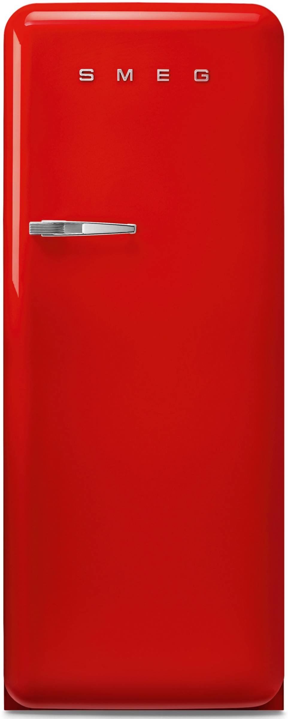 Le SMEG FAB28RRD6 est un réfrigérateur rouge de style rétro avec une poignée chromée et un design minimaliste.