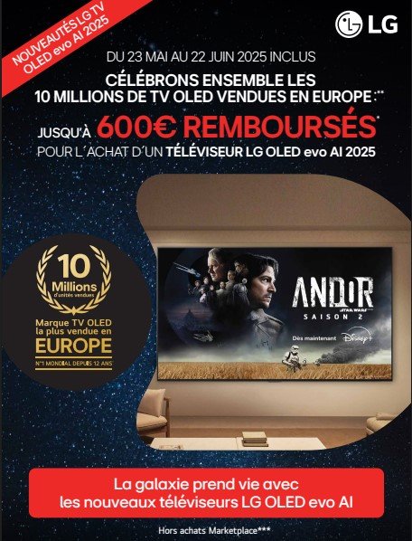 Affiche promotionnelle pour le téléviseur LG OLED evo AI avec l'image de Star Wars Andor à l'écran, avec jusqu'à 600 € de remise en argent. Découvrez d'autres offres LG, dont des offres lave-linge.