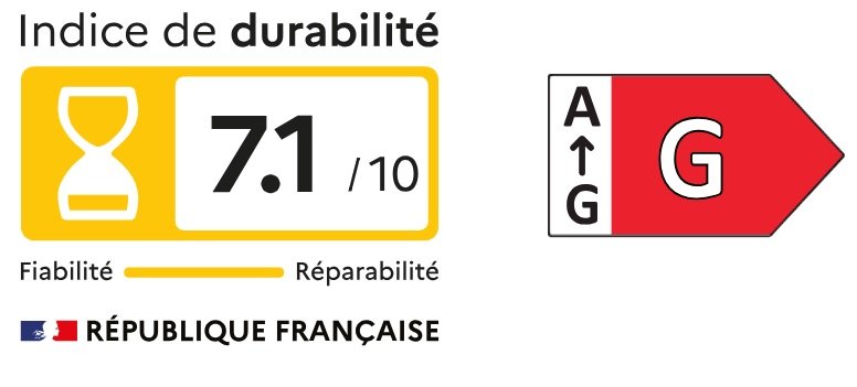 L'étiquette GALLERY DESIGN du LG OLED55G5 2025 en français comprend un indice de durabilité de 7,1/10 et une cote énergétique de « G », ainsi que des échelles de fiabilité et de réparabilité, soulignant son attrait Gallery Design.