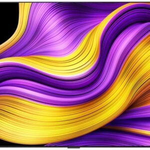 Le LG OLED55G5 2025 Gallery Design présente un tourbillon abstrait de vagues violettes et jaunes vibrantes sur un fond noir, transformant n'importe quelle pièce en une toile exquise.