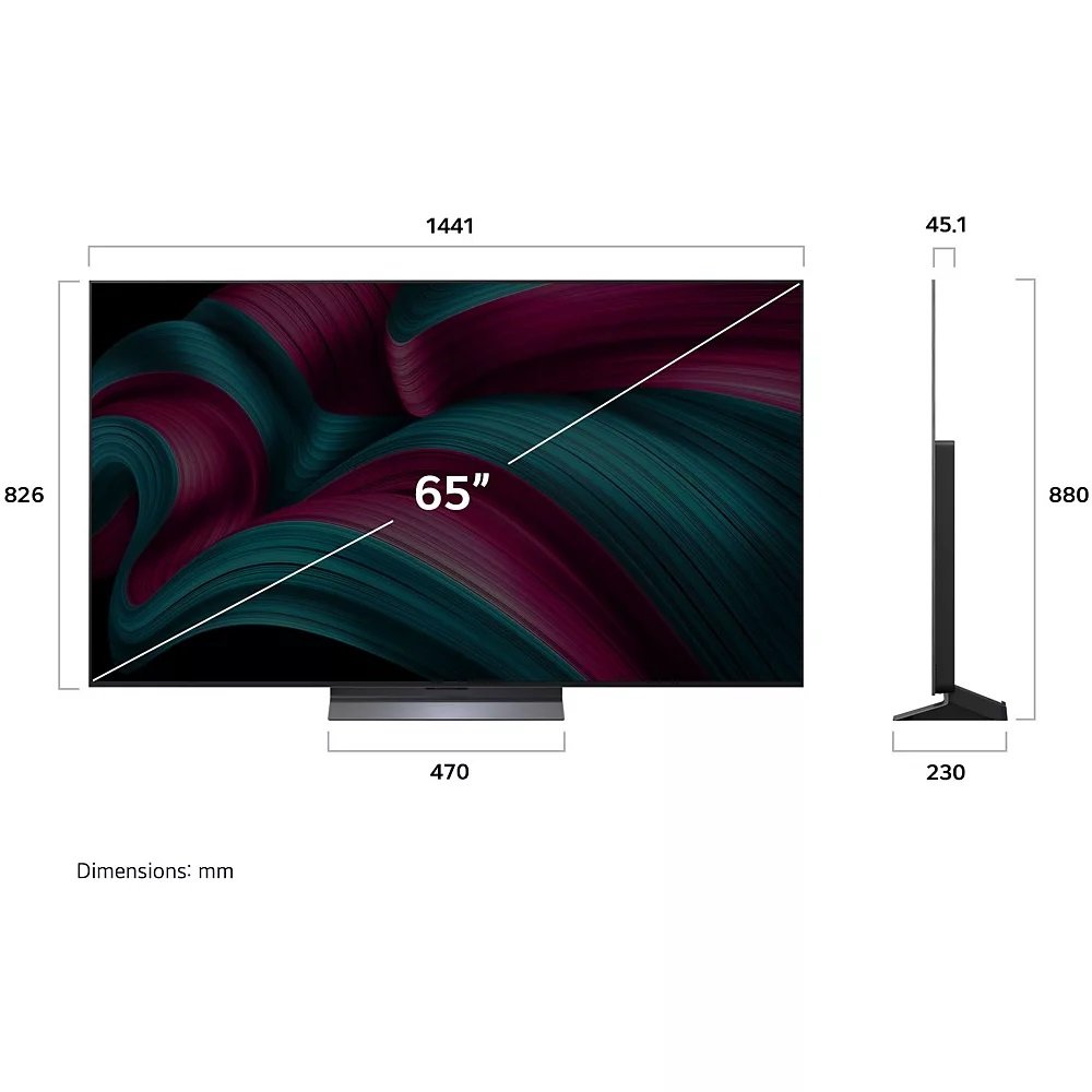 Découvrez des visuels éclatants avec le LG OLED65C5 2025 de 65 pouces, mesurant 1441 x 880 x 45,1 mm et doté d'un design tourbillonnant coloré qui transforme n'importe quelle pièce en un espace artistique.