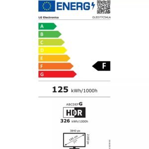 Le téléviseur LG OLED77C5 a une étiquette énergétique de classe d'efficacité F, consommant 125 kWh/1000h avec une utilisation HDR à 326 kWh/1000h, avec une résolution de 3840x2160 px sur un écran de 77 pouces.
