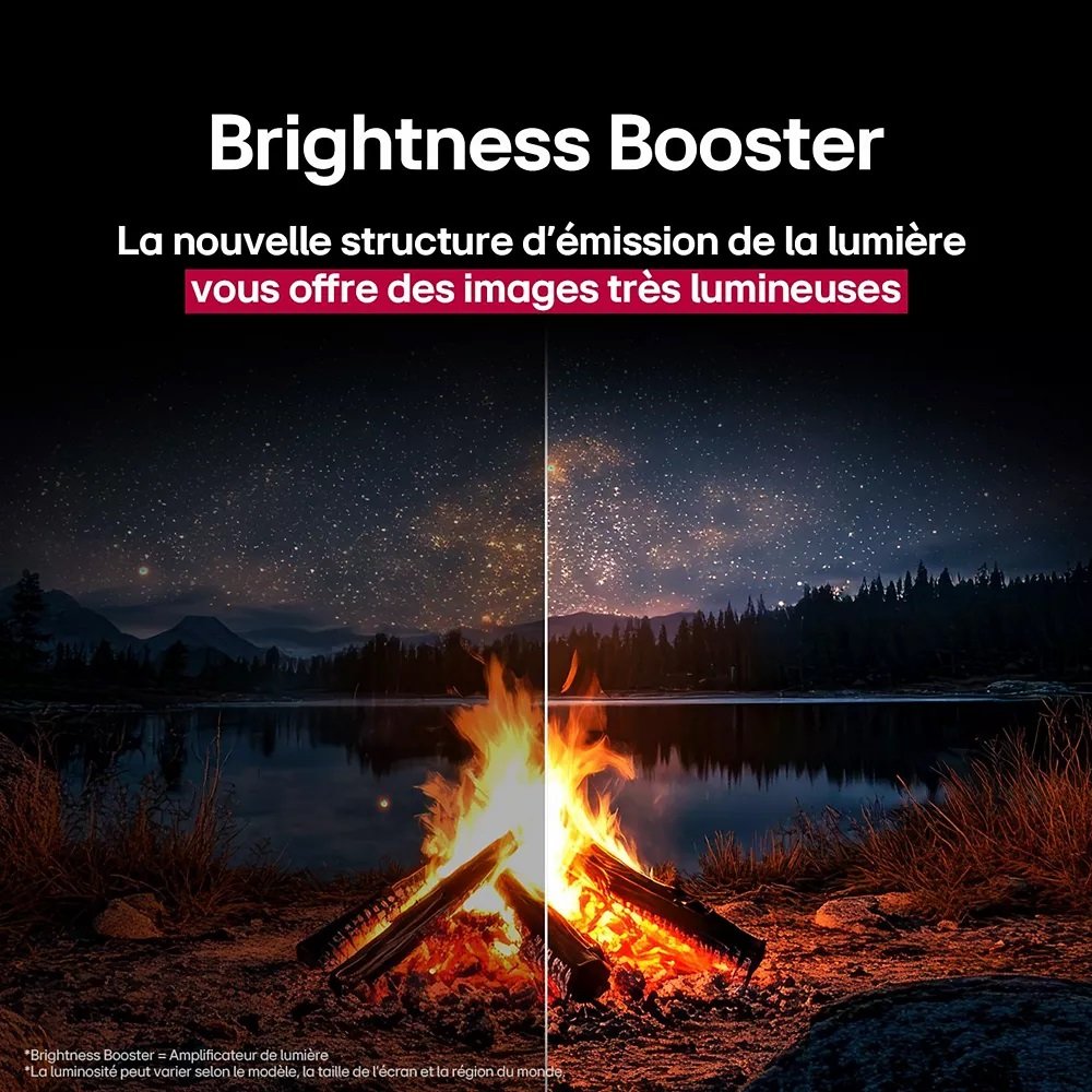 L'image divisée d'un feu de joie au bord d'un lac sous un ciel étoilé met en valeur l'éclat du LG OLED65C5 2025. Les textes en français soulignent la luminosité supérieure, démontrant pourquoi ce téléviseur OLED reste inégalé même en 2025.