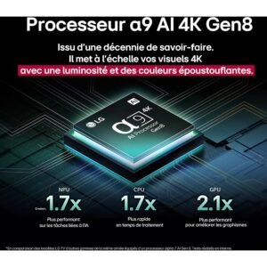 Image du LG OLED65C5 2025 avec processeur AI a9 Gen8, mettant en évidence les spécifications de performances 2025 sur un fond de carte de circuit imprimé numérique.