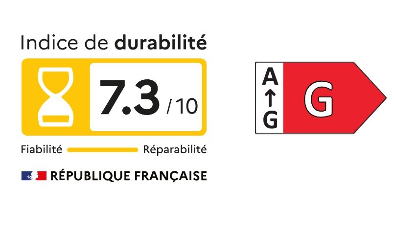 Le LG OLED65G5 Gallery Design 2025 détient un indice de durabilité français de 7,3/10 pour la fiabilité et la réparabilité, porte le logo de la République française et est classé G en efficacité énergétique.