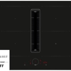 L'élégante table de cuisson électrique NEFF V57THQ4L0 est dotée d'un évent central, de commandes numériques intuitives en bas et du logo NEFF élégamment placé dans le coin.