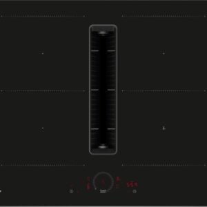 La table de cuisson à induction NEFF V57THQ4L0, en noir, est un appareil de cuisine élégant doté d'un évent intégré et de commandes numériques en bas.