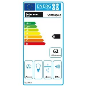 L'appareil de cuisine NEFF V57THQ4L0 présente une étiquette énergétique B, consomme 62 kWh par an et fonctionne à un niveau sonore silencieux de 69 dB.