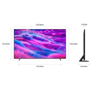 Le SAMSUNG TQ100QN80F est un grand téléviseur à écran plat doté d'un écran rose et violet, avec des mesures de largeur, de hauteur et de profondeur affichées en millimètres.