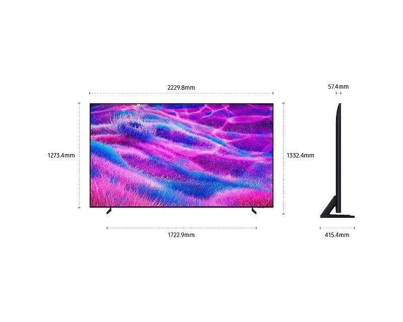 Le SAMSUNG TQ100QN80F est un grand téléviseur à écran plat doté d'un écran rose et violet, avec des mesures de largeur, de hauteur et de profondeur affichées en millimètres.