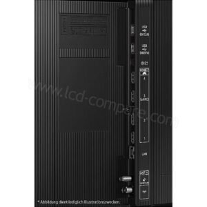 Gros plan du panneau latéral du téléviseur SAMSUNG TQ100QN80F, mettant en évidence les ports d'entrée HDMI, USB, LAN et supplémentaires.