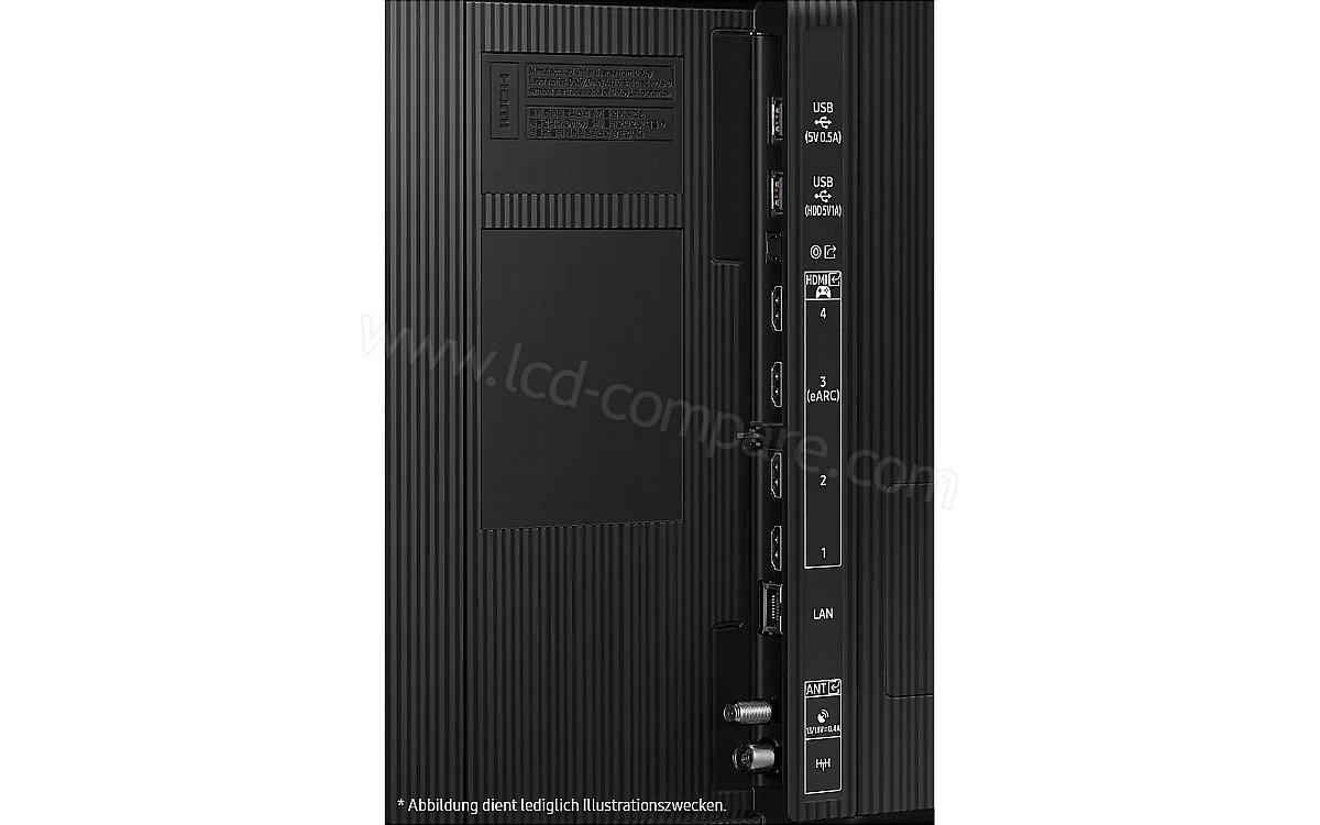 Gros plan du panneau latéral du téléviseur SAMSUNG TQ100QN80F, mettant en évidence les ports d'entrée HDMI, USB, LAN et supplémentaires.