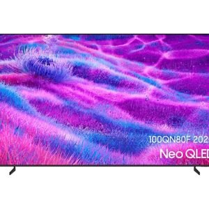 Le SAMSUNG TQ100QN80F affiche des motifs abstraits violets et roses vifs, étiquetés « 100QN80F 2025 Neo QLED ».