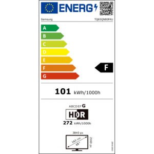 Étiquette énergétique européenne SAMSUNG TQ100QN80F : indice F, 101 kWh/1000h (SDR), 272 kWh/1000h (HDR), résolution 3840x2160 : un excellent choix pour des performances TV Samsung haute définition.