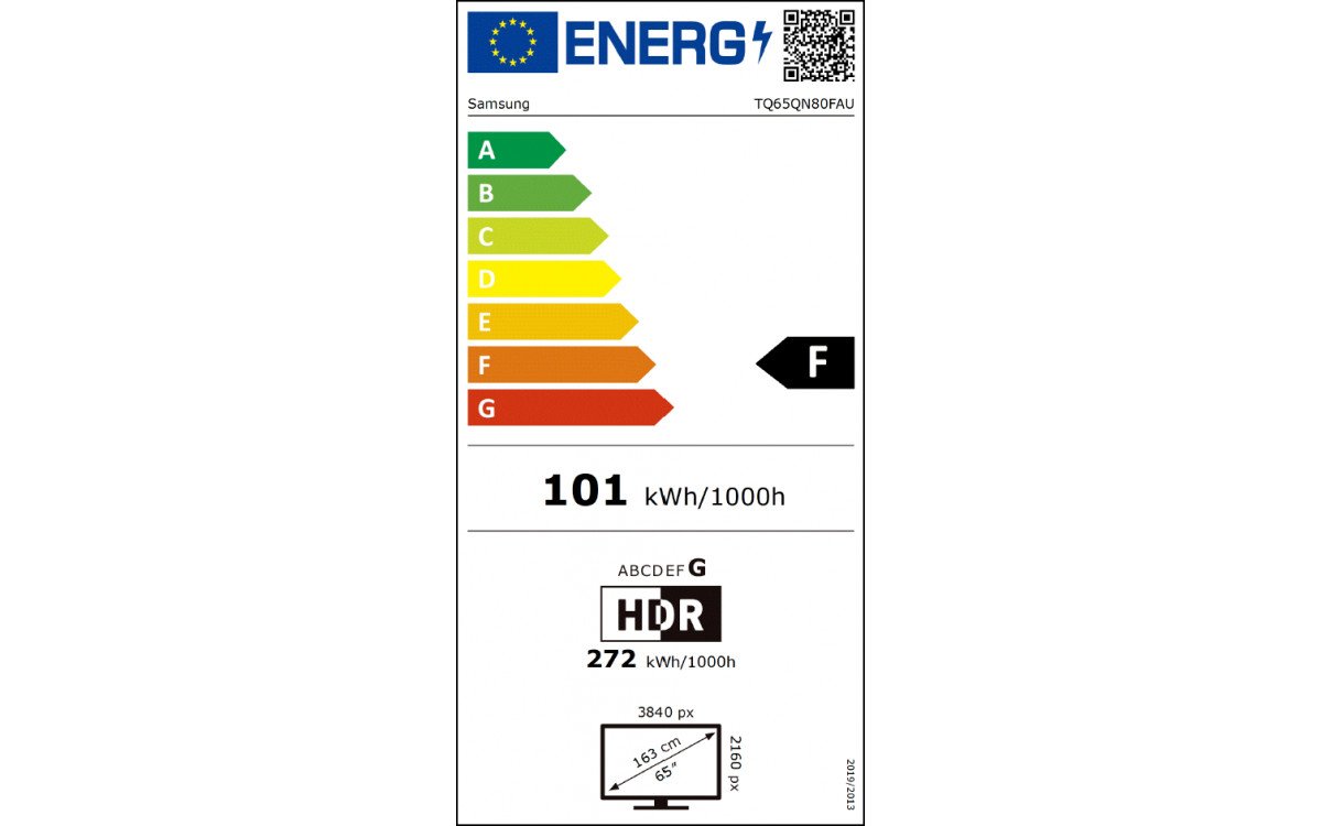 Étiquette énergétique européenne SAMSUNG TQ100QN80F : indice F, 101 kWh/1000h (SDR), 272 kWh/1000h (HDR), résolution 3840x2160 : un excellent choix pour des performances TV Samsung haute définition.