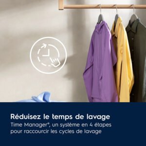 Trois chemises sont soigneusement accrochées sur un support au-dessus du linge plié et un guide français sur l'utilisation de la machine à laver ELECTROLUX EW6FI5814BA pour raccourcir les cycles de lavage.