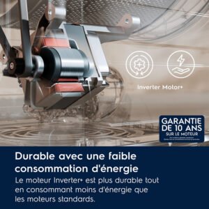 Gros plan du moteur inverter du lave-linge ELECTROLUX EW6FI5814BA, présenté avec des schémas et un texte français soulignant sa durabilité à long terme et sa haute efficacité énergétique.