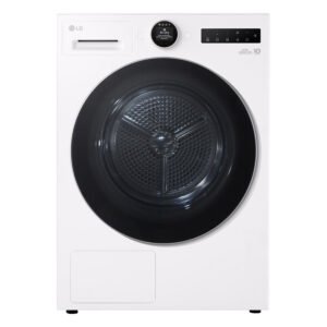 Vue de face de la machine à laver LG RH9V50WH (Copie) en blanc, dotée d'une porte circulaire noire et d'un affichage numérique, idéale à associer à votre sèche-linge LG préféré ou à d'autres appareils électroménagers.