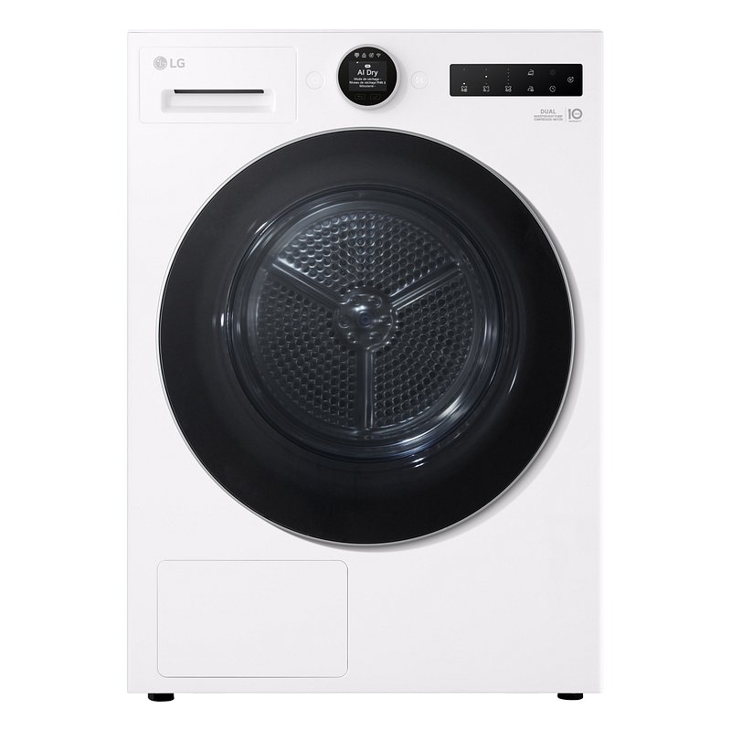 Vue de face de la machine à laver LG RH9V50WH (Copie) en blanc, dotée d'une porte circulaire noire et d'un affichage numérique, idéale à associer à votre sèche-linge LG préféré ou à d'autres appareils électroménagers.