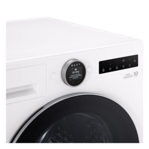 Gros plan de la machine à laver blanche LG RH9V50WH (Copie) avec un panneau de commande numérique et un écran rond affichant « AI Dry ».
