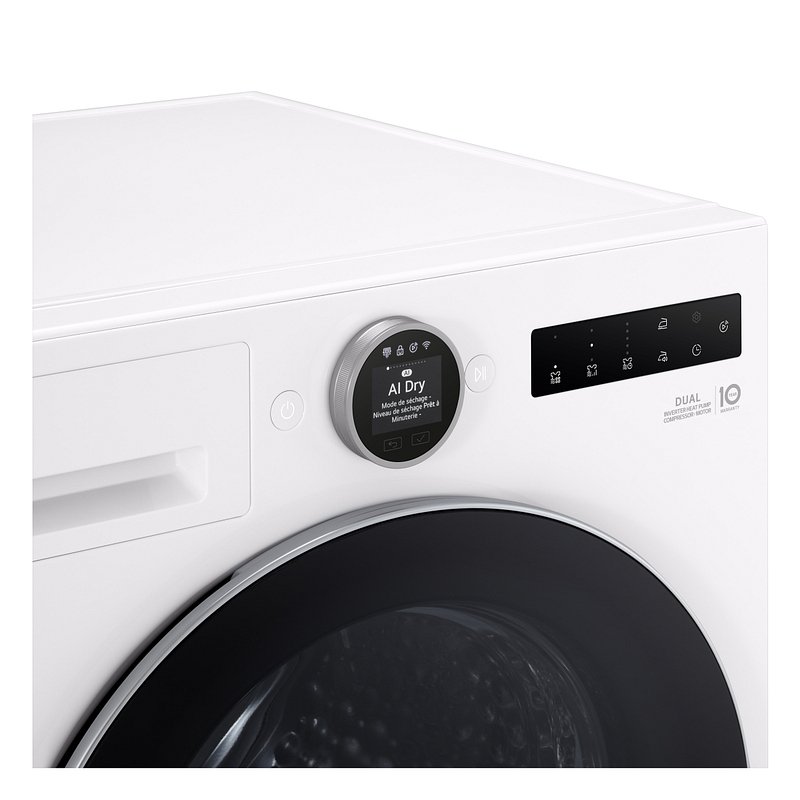 Gros plan de la machine à laver blanche LG RH9V50WH (Copie) avec un panneau de commande numérique et un écran rond affichant « AI Dry ».