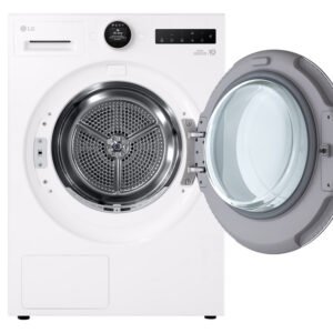 Vue de face du lave-linge blanc LG RH9V50WH (Copie) avec sa porte ouverte, affichant le tambour vide et le panneau de commande.