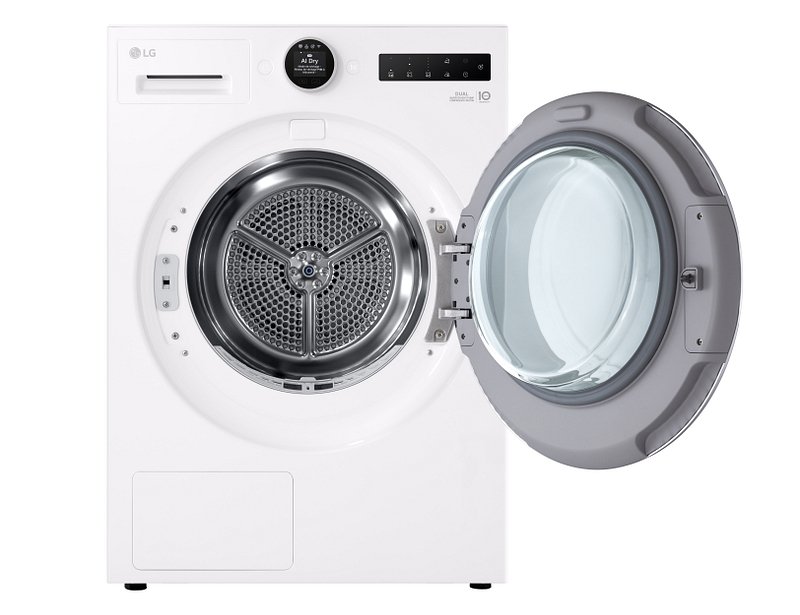 Vue de face du lave-linge blanc LG RH9V50WH (Copie) avec sa porte ouverte, affichant le tambour vide et le panneau de commande.