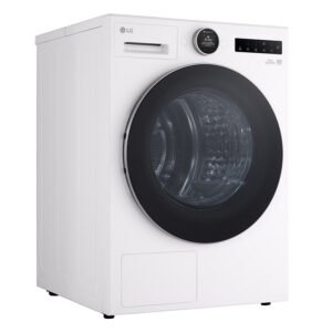 La LG RH9V50WH (Copie) est une machine à laver à chargement frontal blanche avec une porte noire élégante et un panneau de commande numérique intuitif.