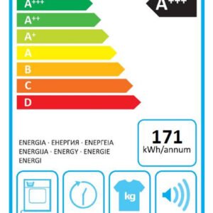 Étiquette énergétique pour LG RH9V50WH (Copie) : Classement A+++, 171 kWh/an, charge de 9 kg, bruit de 62 dB, 269 min/cycle.