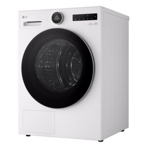 Vue de face de la machine à laver blanche LG RH9V50WH (Copie) avec une porte noire et un panneau d'affichage numérique.