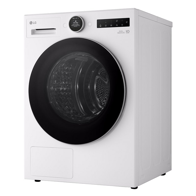 Vue de face de la machine à laver blanche LG RH9V50WH (Copie) avec une porte noire et un panneau d'affichage numérique.