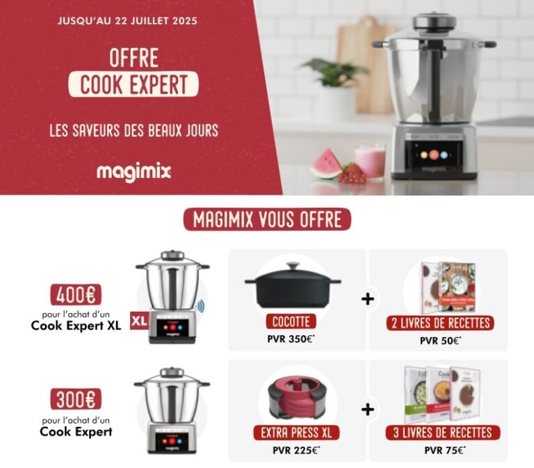 Dépliant promotionnel pour l'offre MAGIMIX Cook Expert, mettant en vedette les appareils et les cadeaux exclusifs disponibles à l'achat.