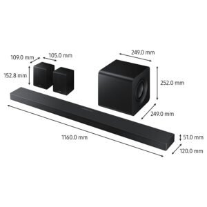 L'ensemble de barre de son noir SAMSUNG HW-QS760F, comprenant un caisson de basses et deux haut-parleurs, est présenté sur un fond blanc avec des dimensions étiquetées en millimètres.