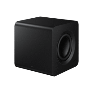 Le SAMSUNG HW-QS760F est un caisson de basses rectangulaire noir doté de bords arrondis et d'un haut-parleur latéral visible.