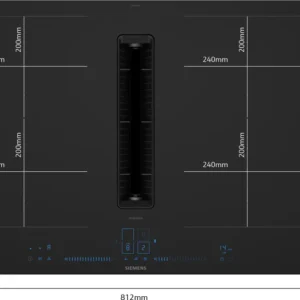 La table de cuisson à induction noire SIEMENS STUDIOLINE EX87BNX68E offre quatre zones de cuisson, une ventilation centrale, des commandes tactiles et des dimensions clairement indiquées.