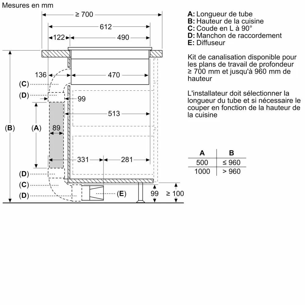 Dessin technique d'une installation de ventilation de cuisine avec la table de cuisson SIEMENS STUDIOLINE EX87BNX68E, montrant les mesures étiquetées et les instructions en français.