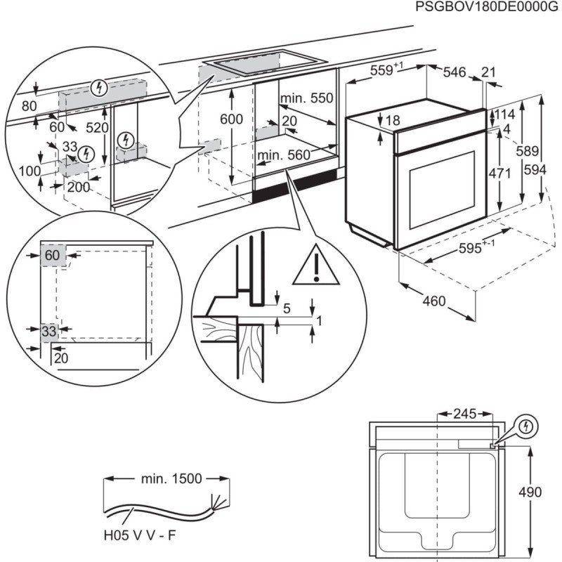 Schéma technique illustrant les dimensions d'installation du four AEG TA5PB53XAB, l'espacement requis et les spécifications du cordon d'alimentation.