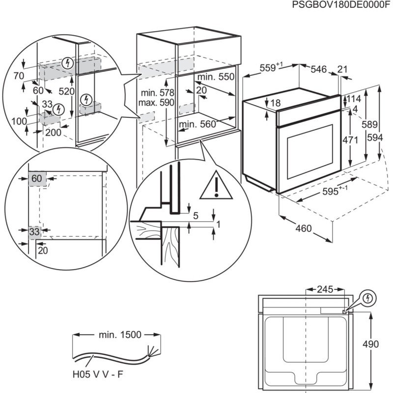 Schéma technique montrant les mesures pour l'installation du four encastrable AEG TA5PB53XAB dans un meuble de cuisine.
