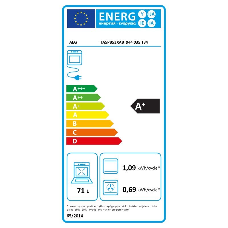 Le four AEG TA5PB53XAB dispose d'une étiquette énergétique avec une note A+, d'une capacité de 71 L et indique la consommation d'énergie par cycle en kWh.